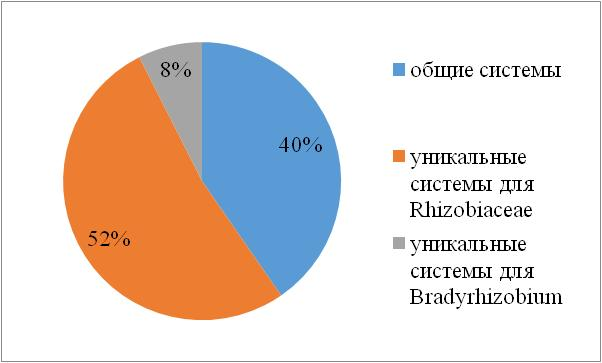 Доли антифаговых систем защиты (общие и уникальные) бактерий рода Bradyrhizobium и семейства Rhizobiaceae